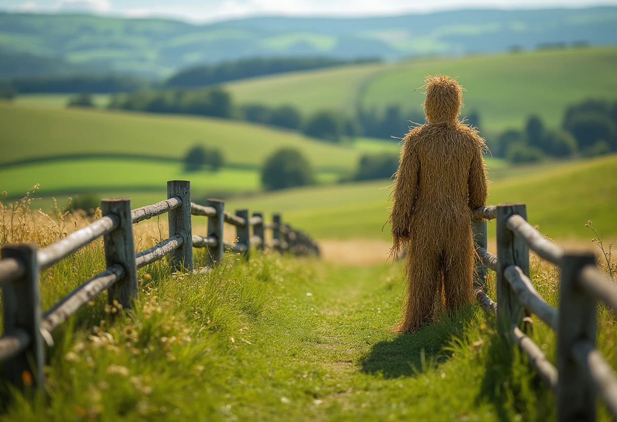 Strawman in a field standing by a fence.